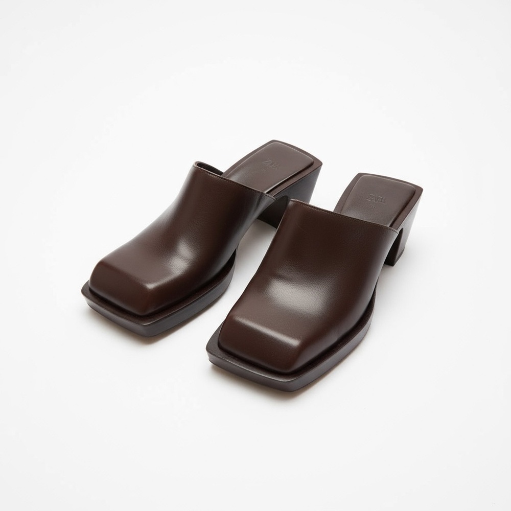 Zara Brown Leather Squared Toe Clogs - Picture 2 of 10